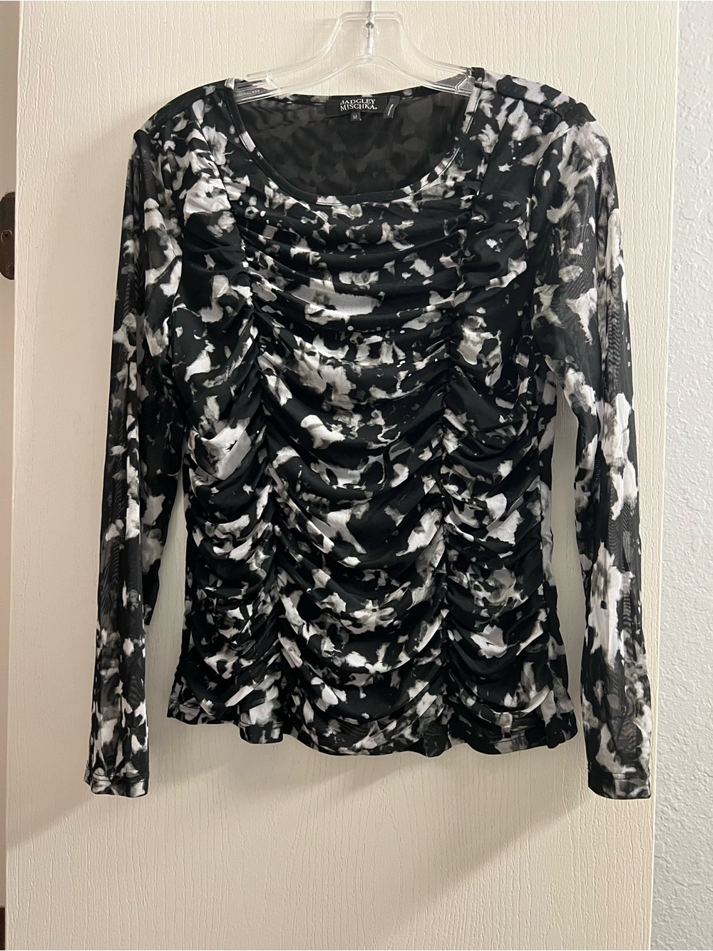 Badgley Mischka Black and White Ruched Long-Sleeve Top